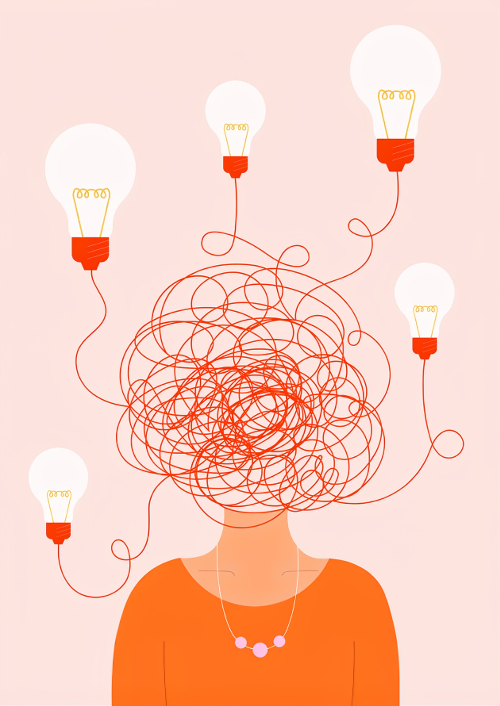 Brainstorming illustration — tangled lightbulb cables representing ideas